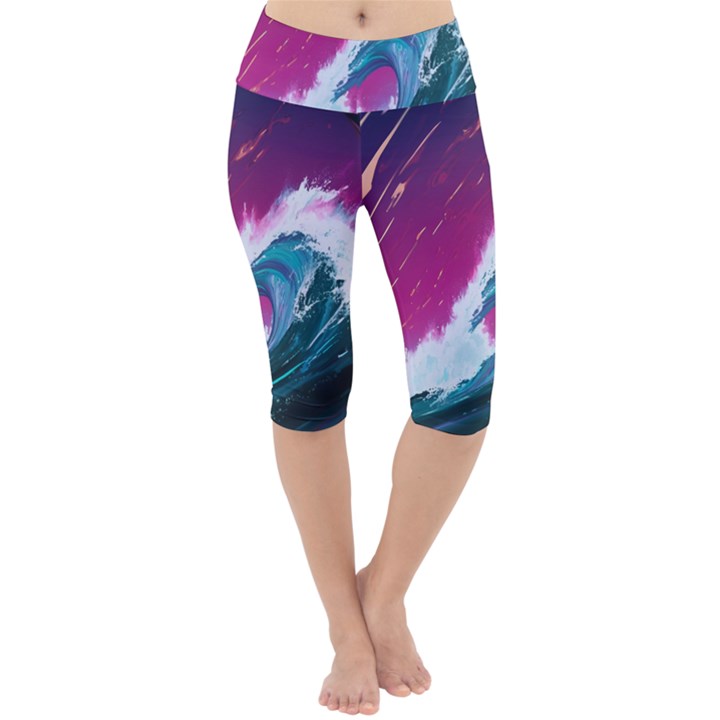 Tsunami Waves Ocean Sea Nautical Nature Water Unique Lightweight Velour Cropped Yoga Leggings