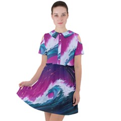 Tsunami Waves Ocean Sea Nautical Nature Water Unique Short Sleeve Shoulder Cut Out Dress  by Jancukart