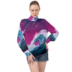 Tsunami Waves Ocean Sea Nautical Nature Water Unique High Neck Long Sleeve Chiffon Top by Jancukart