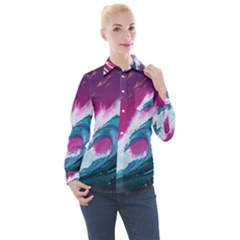 Tsunami Waves Ocean Sea Nautical Nature Water Unique Women s Long Sleeve Pocket Shirt