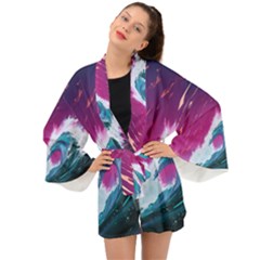 Tsunami Waves Ocean Sea Nautical Nature Water Unique Long Sleeve Kimono by Jancukart