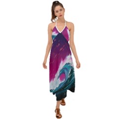 Tsunami Waves Ocean Sea Nautical Nature Water Unique Halter Tie Back Dress  by Jancukart