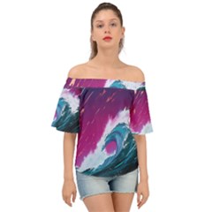 Tsunami Waves Ocean Sea Nautical Nature Water Unique Off Shoulder Short Sleeve Top by Jancukart