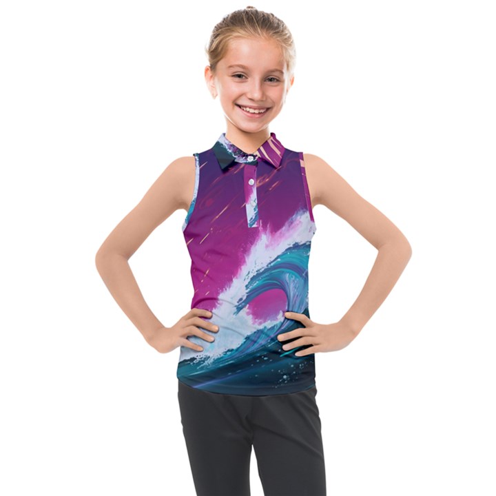 Tsunami Waves Ocean Sea Nautical Nature Water Unique Kids  Sleeveless Polo Tee