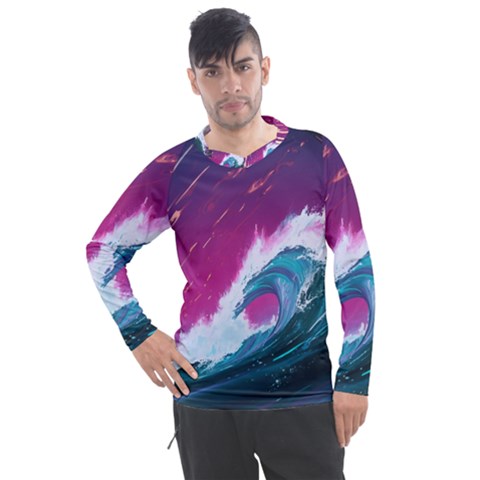 Tsunami Waves Ocean Sea Nautical Nature Water Unique Men s Pique Long Sleeve Tee by Jancukart