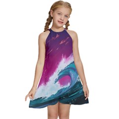 Tsunami Waves Ocean Sea Nautical Nature Water Unique Kids  Halter Collar Waist Tie Chiffon Dress by Jancukart