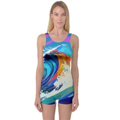 Tsunami Waves Ocean Sea Nautical Nature Water Art One Piece Boyleg Swimsuit by Jancukart