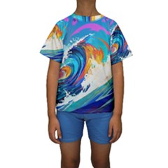 Tsunami Waves Ocean Sea Nautical Nature Water Art Kids  Short Sleeve Swimwear by Jancukart