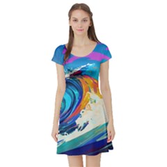 Tsunami Waves Ocean Sea Nautical Nature Water Art Short Sleeve Skater Dress by Jancukart