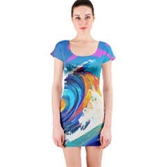 Tsunami Waves Ocean Sea Nautical Nature Water Art Short Sleeve Bodycon Dress by Jancukart