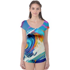 Tsunami Waves Ocean Sea Nautical Nature Water Art Boyleg Leotard  by Jancukart