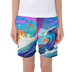 Tsunami Waves Ocean Sea Nautical Nature Water Art Women s Basketball Shorts by Jancukart