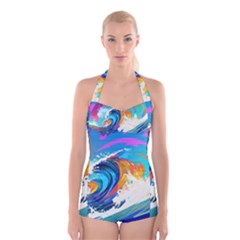 Tsunami Waves Ocean Sea Nautical Nature Water Art Boyleg Halter Swimsuit  by Jancukart