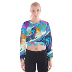 Tsunami Waves Ocean Sea Nautical Nature Water Art Cropped Sweatshirt by Jancukart