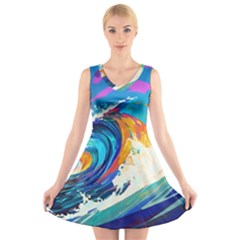 Tsunami Waves Ocean Sea Nautical Nature Water Art V-neck Sleeveless Dress by Jancukart