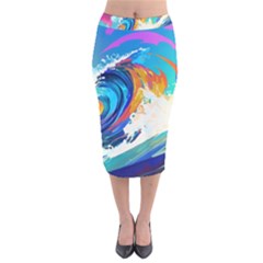 Tsunami Waves Ocean Sea Nautical Nature Water Art Velvet Midi Pencil Skirt by Jancukart