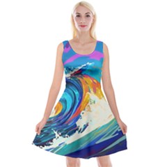 Tsunami Waves Ocean Sea Nautical Nature Water Art Reversible Velvet Sleeveless Dress by Jancukart