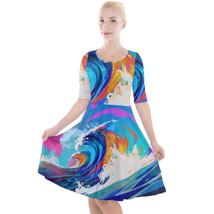 Tsunami Waves Ocean Sea Nautical Nature Water Art Quarter Sleeve A-Line Dress