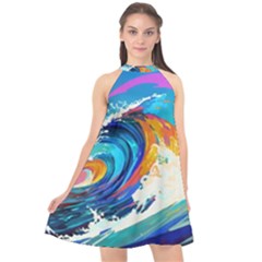 Tsunami Waves Ocean Sea Nautical Nature Water Art Halter Neckline Chiffon Dress 