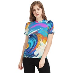 Tsunami Waves Ocean Sea Nautical Nature Water Art Women s Short Sleeve Rash Guard by Jancukart