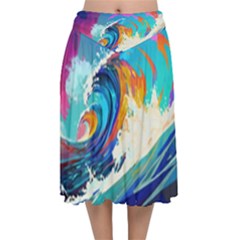 Tsunami Waves Ocean Sea Nautical Nature Water Art Velvet Flared Midi Skirt by Jancukart