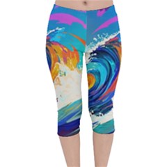 Tsunami Waves Ocean Sea Nautical Nature Water Art Velvet Capri Leggings  by Jancukart