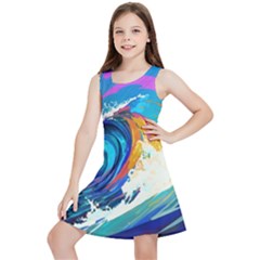 Tsunami Waves Ocean Sea Nautical Nature Water Art Kids  Lightweight Sleeveless Dress by Jancukart