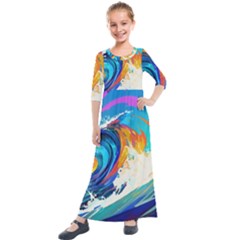 Tsunami Waves Ocean Sea Nautical Nature Water Art Kids  Quarter Sleeve Maxi Dress by Jancukart