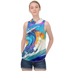 Tsunami Waves Ocean Sea Nautical Nature Water Art High Neck Satin Top by Jancukart