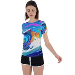 Tsunami Waves Ocean Sea Nautical Nature Water Art Back Circle Cutout Sports Tee by Jancukart