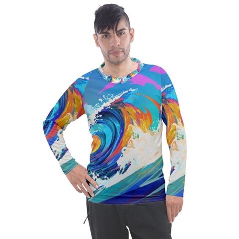 Tsunami Waves Ocean Sea Nautical Nature Water Art Men s Pique Long Sleeve Tee by Jancukart