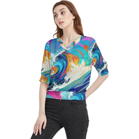 Tsunami Waves Ocean Sea Nautical Nature Water Art Quarter Sleeve Blouse by Jancukart