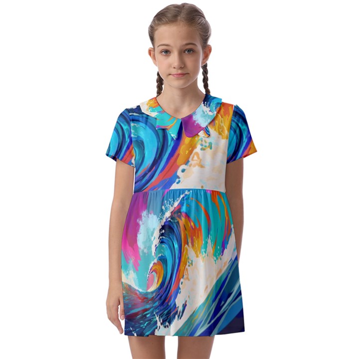 Tsunami Waves Ocean Sea Nautical Nature Water Art Kids  Asymmetric Collar Dress