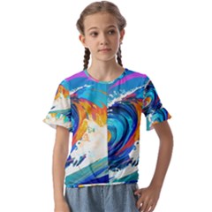 Tsunami Waves Ocean Sea Nautical Nature Water Art Kids  Cuff Sleeve Scrunch Bottom Tee