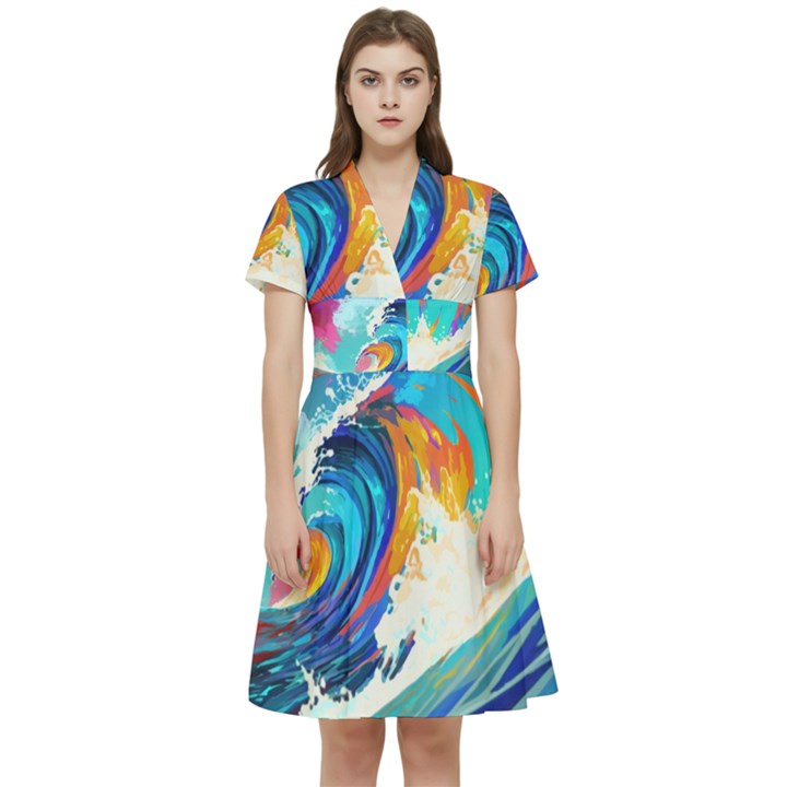 Tsunami Waves Ocean Sea Nautical Nature Water Art Short Sleeve Waist Detail Dress