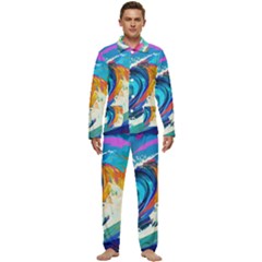 Tsunami Waves Ocean Sea Nautical Nature Water Art Men s Long Sleeve Velvet Pocket Pajamas Set by Jancukart