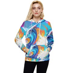 Tsunami Waves Ocean Sea Nautical Nature Water Art Women s Lightweight Drawstring Hoodie