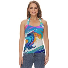 Tsunami Waves Ocean Sea Nautical Nature Water Art Basic Halter Top by Jancukart