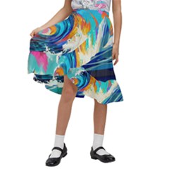 Tsunami Waves Ocean Sea Nautical Nature Water Art Kids  Ruffle Flared Wrap Midi Skirt