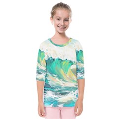 Waves Ocean Sea Tsunami Nautical 90 Kids  Quarter Sleeve Raglan Tee