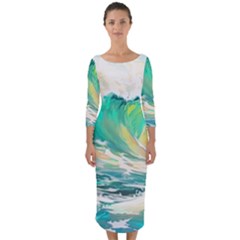 Waves Ocean Sea Tsunami Nautical 90 Quarter Sleeve Midi Bodycon Dress by Jancukart