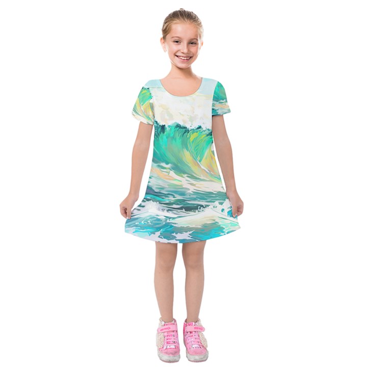 Waves Ocean Sea Tsunami Nautical 90 Kids  Short Sleeve Velvet Dress