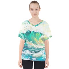 Waves Ocean Sea Tsunami Nautical 90 V-neck Dolman Drape Top by Jancukart