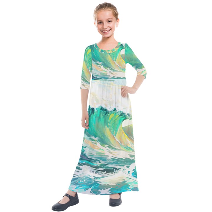 Waves Ocean Sea Tsunami Nautical 90 Kids  Quarter Sleeve Maxi Dress