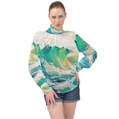 Waves Ocean Sea Tsunami Nautical 90 High Neck Long Sleeve Chiffon Top by Jancukart