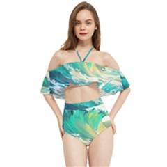 Waves Ocean Sea Tsunami Nautical 90 Halter Flowy Bikini Set  by Jancukart