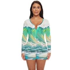 Waves Ocean Sea Tsunami Nautical 90 Long Sleeve Boyleg Swimsuit by Jancukart