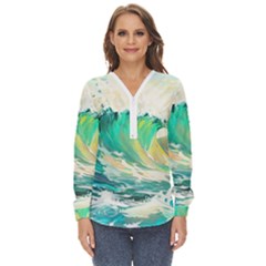 Waves Ocean Sea Tsunami Nautical 90 Zip Up Long Sleeve Blouse