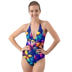 Ai Generated Artwork Leaves Nature Pattern Halter Cut-out One Piece Swimsuit