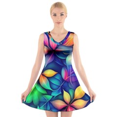 Ai Generated Artwork Leaves Nature Pattern V-neck Sleeveless Dress